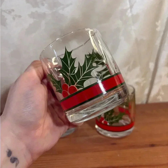 1980's Libby Dbl Old Fashion Bold Green Holly & Red Berries Vintage - Picture 4 of 4